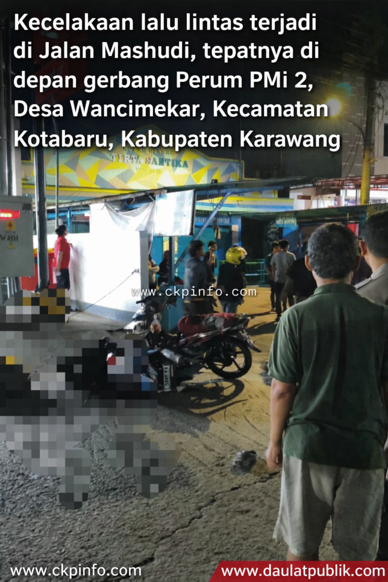Kecelakaan lalu lintas terjadi di Jalan Mashudi, tepatnya di depan gerbang Perum PMI 2, Desa Wancimekar, Kecamatan Kotabaru, Kabupaten Karawang