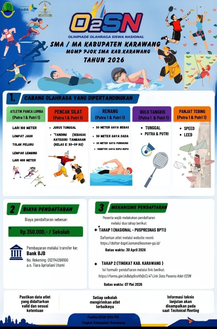 O2SN SMA/MA Kabupaten Karawang 2026 Resmi Dibuka, Pendaftaran Dibagi Dua Tahap