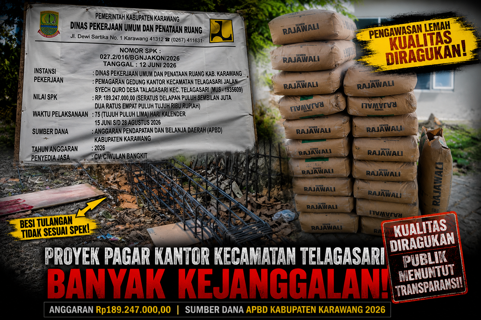 Dugaan Penggunaan Material Tidak Sesuai RAB, Proyek Pagar Kantor Kecamatan Telagasari Jadi Sorotan