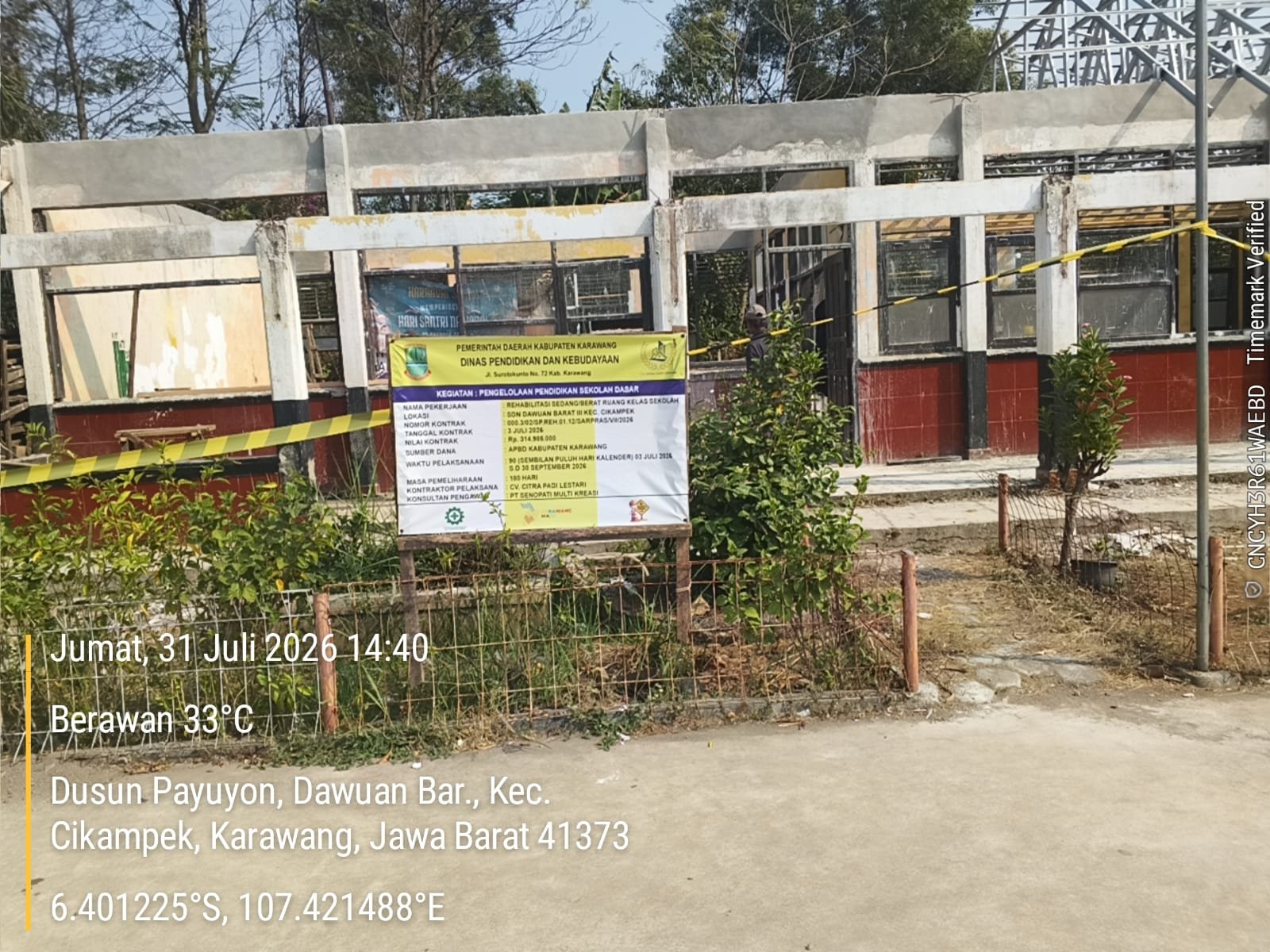 Disdikbud Karawang Rehab Ruang Kelas SDN Dawuan Barat III Cikampek, Proyek Rp314 Juta Ditarget Selesai September 2026